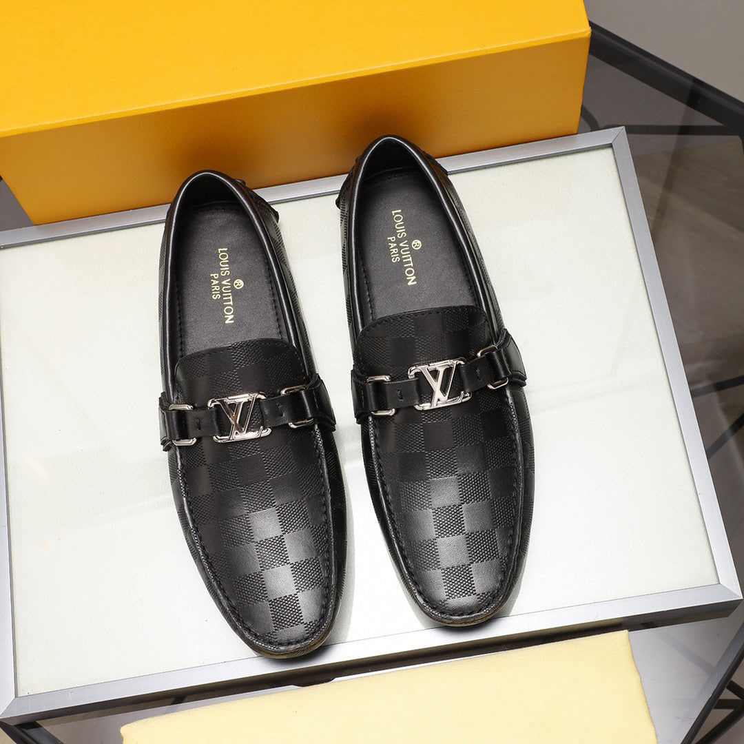 Black Luxury Monogram Pattern Slip-On Loafers – Metal Accent, Classic Moccasin Design